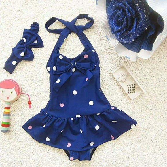 Kacakid Other - Blue Polka Dot Girls Bathing Suit with Blue Headba